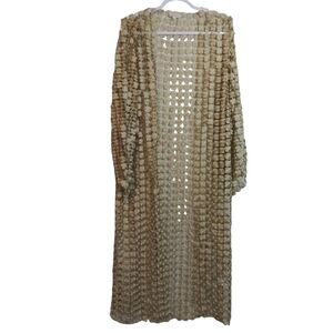 QUII Long Cardigan Lurex Floral Net Duster Cover Up Metallic Gold  Size L